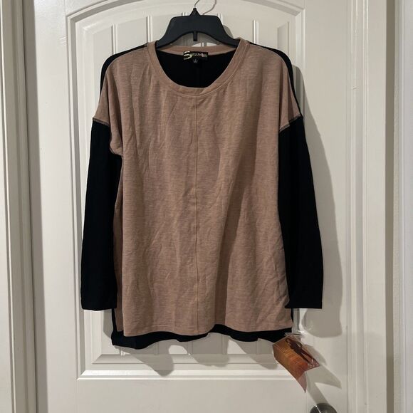 New Serena Williams Color Block Long Sleeve Tunic Black Tan Shirt Blouse Size S - Picture 1 of 6